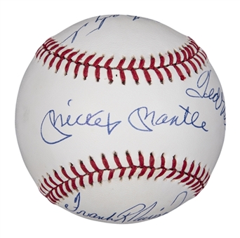 Triple Crown Winners Multi Signed OAL Brown Baseball With 4 Signatures Including Mantle, Williams, Yastrzemski & Robinson (PSA/DNA)
